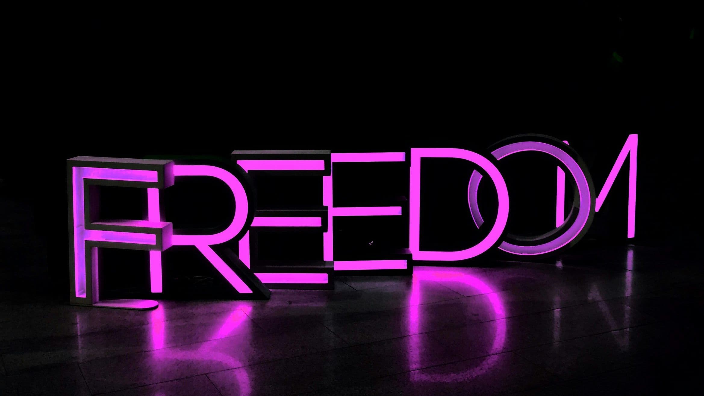 Neon sign spelling out the word FREEDOM in pink and purple light against a dark background, reflected on a glossy floor