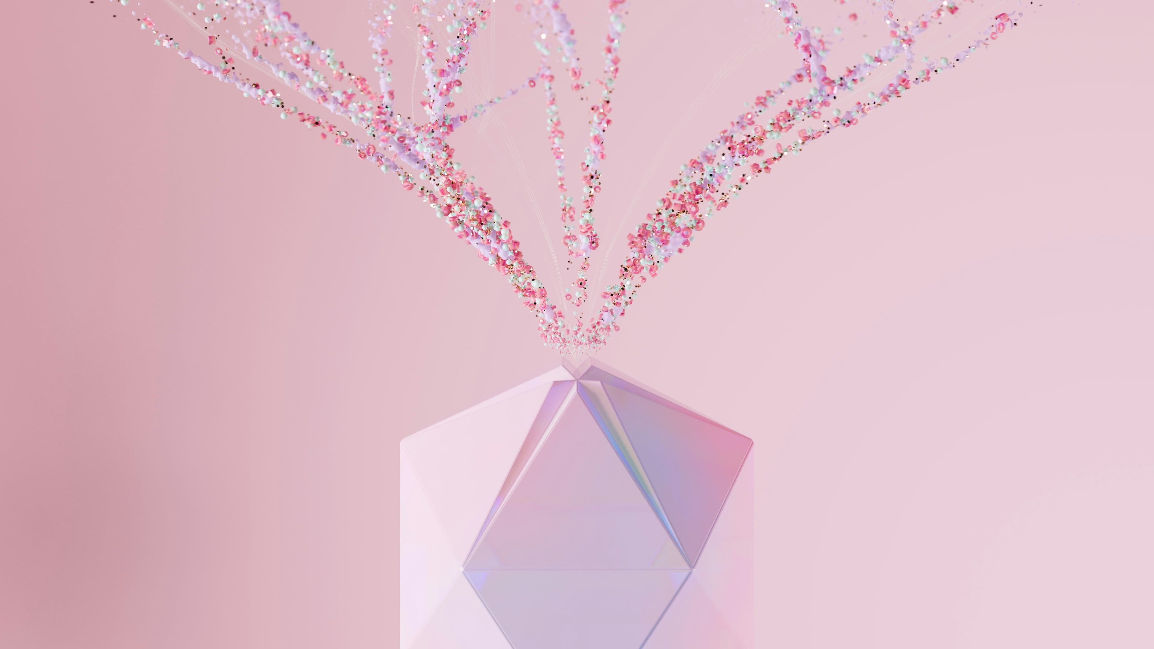 Delicate pink and white glittering threads radiating outward against a soft pink background