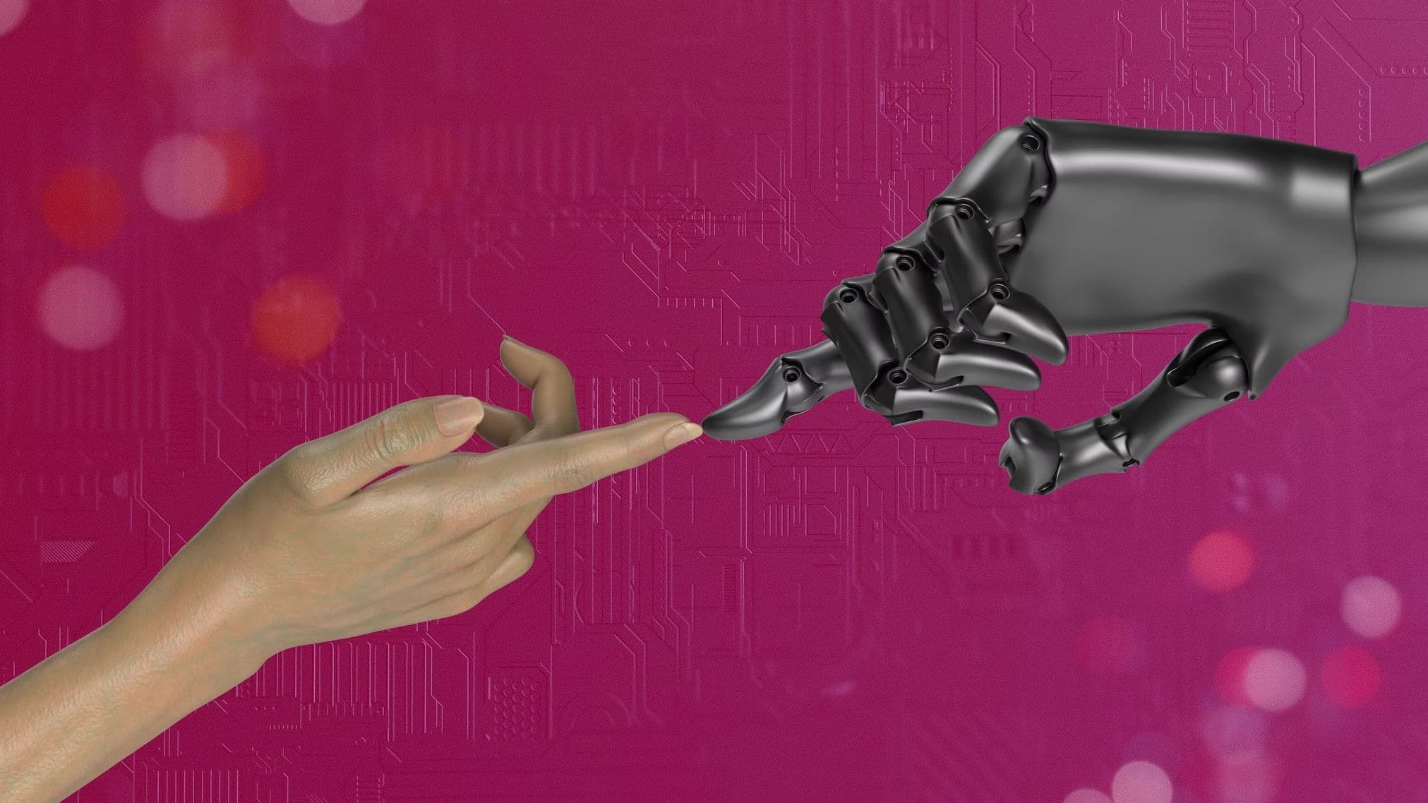 A human hand reaching to touch a robotic hand against a magenta circuit-board background, evoking human-AI collaboration