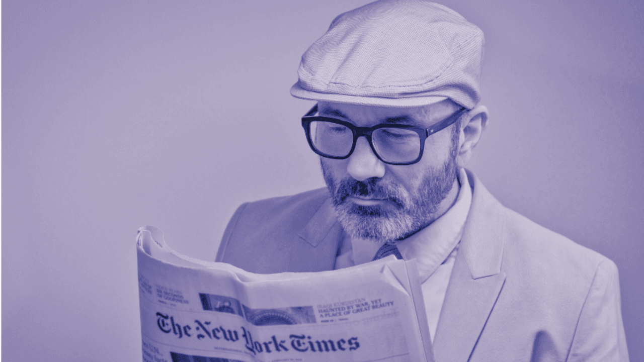 Illustration of a figure reading a newspaper, rendered in a purple duotone style
