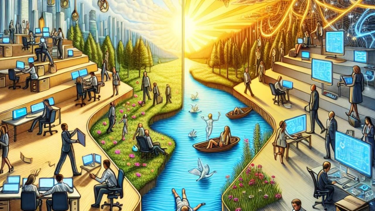 Illustration of a landscape split between an office of workers at glowing screens and a natural forest scene, converging on a bright sun with a digital brain motif above