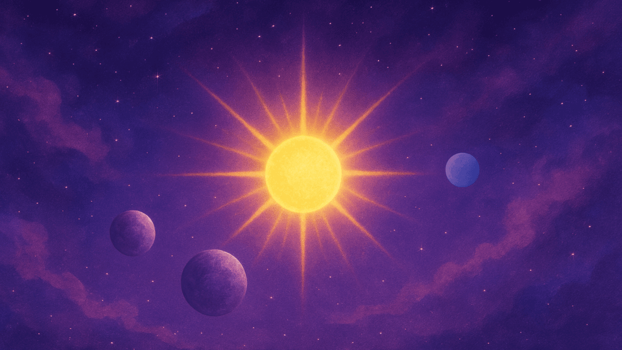 Illustrated glowing sun radiating light across a purple starry sky with small orbiting planets