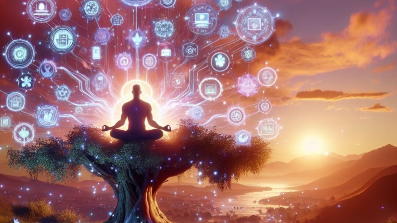 Abstract illustration of glowing interconnected icons and nodes against a dark orange and purple sky, symbolising a network of automated content systems