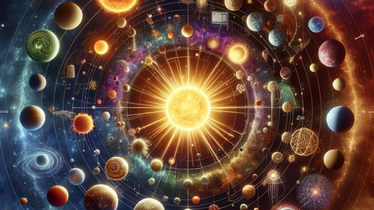 Illustrated solar system with a glowing sun at the centre surrounded by orbiting planets against a starry cosmic background