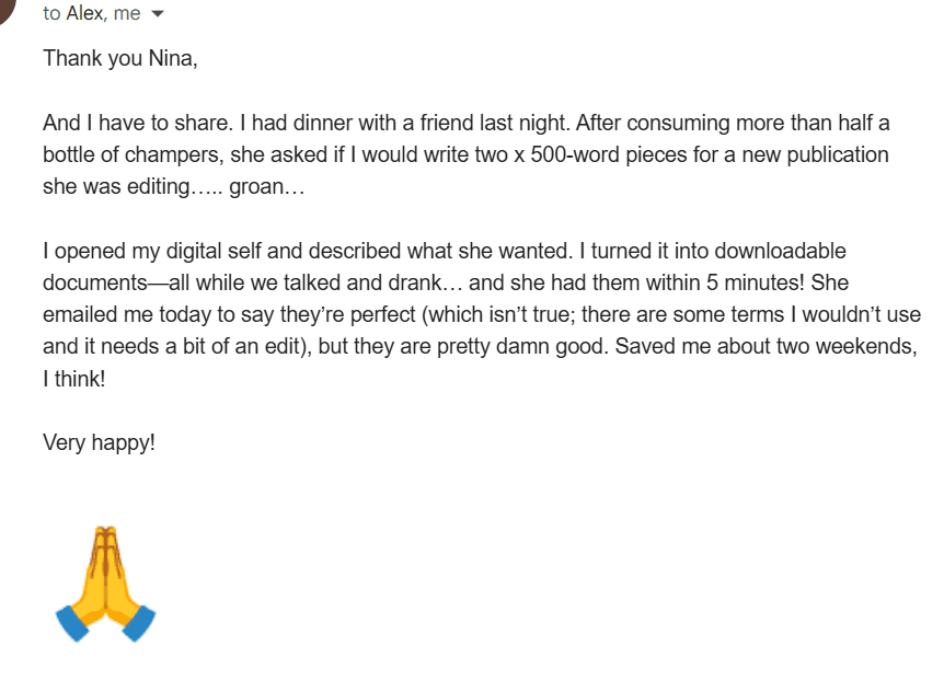 Editor feedback praising a client's Virtually Myself article